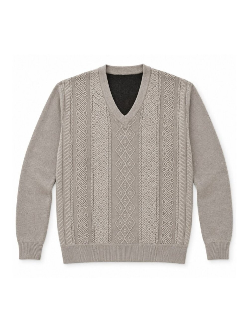 Taupe Geometric Textured V Neck Knit Sweater
